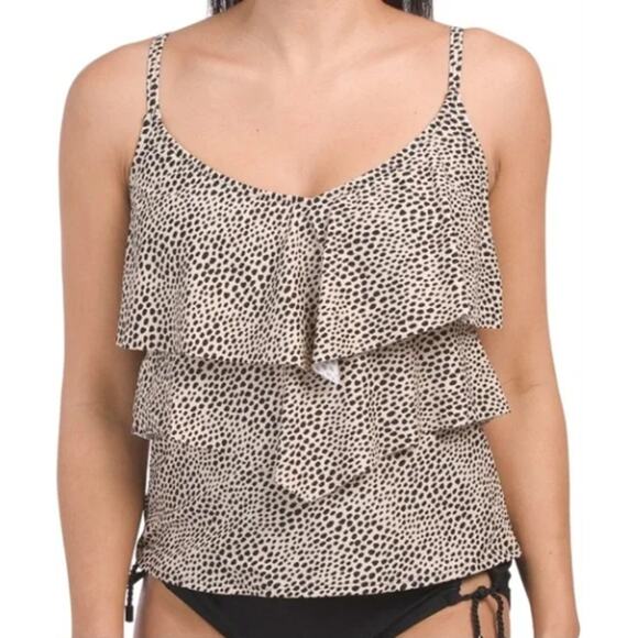 Ellen Tracy‎ Swimsuit 10 Tan Black Tankini Tiered Layered Ruffle Cheetah Animal - Picture 1 of 9